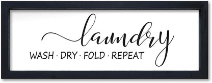 Laundry Room Wall Decor Sign 16"×6" Bathroom Laundry Rules Wash Dry Fold Repeat Small Wood Framed Wall Hanging Art (Black)