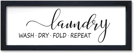 Laundry Room Wall Decor Sign 16"×6" Bathroom Laundry Rules Wash Dry Fold Repeat Small Wood Framed Wall Hanging Art (Black)