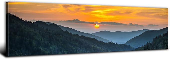 Sunset Blue Ridge Mountain Wall Art for Living Room Nature Wall Decor Smoky Mountain Landscape Picture National Park Poster Canvas Prints Misty Forest Scenic Painting Artwork Office Decorations 14x48”