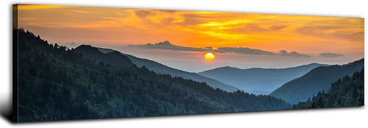 Sunset Blue Ridge Mountain Wall Art for Living Room Nature Wall Decor Smoky Mountain Landscape Picture National Park Poster Canvas Prints Misty Forest Scenic Painting Artwork Office Decorations 14x48”
