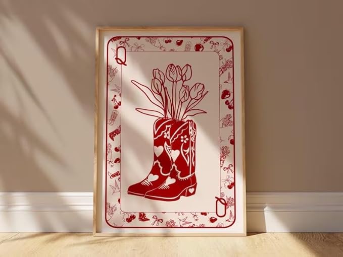 ZHBJSM Cowboy Boot Tulip Wall Art Red White Line Print Poker Style Boho Chic Decor Bedroom Living Room Stylish Western Floral Home Accent 12x16 Inch Unframed