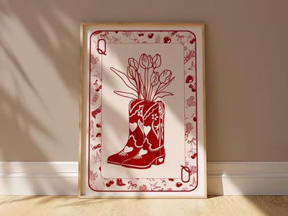 ZHBJSM Cowboy Boot Tulip Wall Art Red White Line Print Poker Style Boho Chic Decor Bedroom Living Room Stylish Western Floral Home Accent 12x16 Inch Unframed