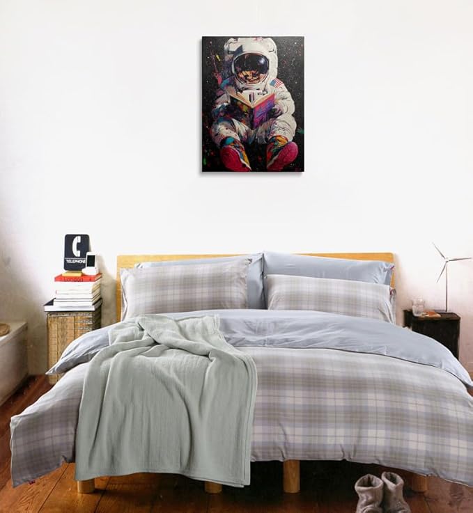 Colorful Pop Astronaut Outer Space Theme Classroom Decor Framed Graffiti Spaceman Contemporary Wall Art Canvas Cool Kids' Gifts Galaxy Prints Banksy Poster Universe Trippy Painting (12"x16")