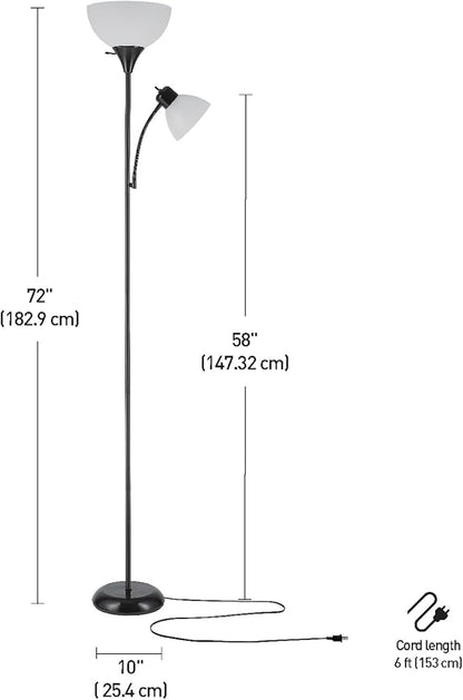 GLOBE Electric 67135 72" Floor Lamp with Adjustable Reading Light, Bright, Easy-to-Assemble Torchiere for Bedroom, Living Room & Office - Space-Saving Slim Design (Pack of 2)