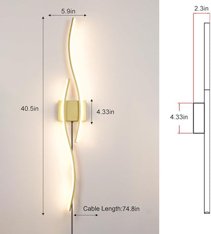 Daunton Modern Gold Plug in Wall Sconces Set of Two, RC Dimmable LED Plug in Wall Light, Wall Lamps with Plug in Cord for TV Wall Sconces, Gold Sconce Wall Lighting for Living Room, Hallway, Bedroom