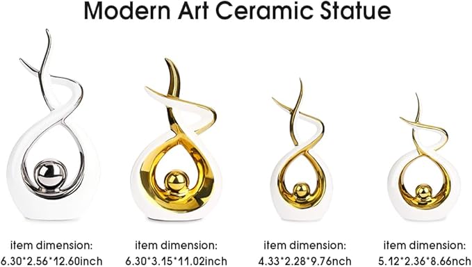 Querro Modern Abstract Ceramic Statue - Elegant White & Gold Decor for Home Living Room, Dining Table Centerpiece & Office Shelf | Luxury Aesthetic Sculpture(Small)