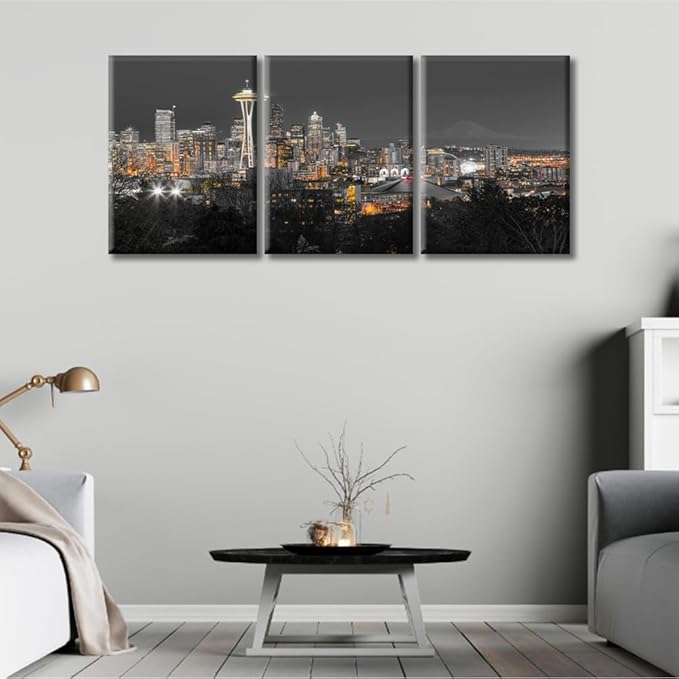 TUMOVO 3 Piece Wall Decor Seattle Downtown Skyline Wall Art Mt. Rainier at Night Washington Wall Decor for Living Room Skyscrapers Pictures Contemporary Home Decor Framed Ready to Hang (36" Wx16 H)