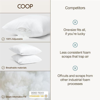 Coop Home Goods Essence Adjustable Throw Pillow Inserts 18x18, Set of 2, Adjustable Down Alternative Cushions for Couch, Bed, or Chair, Decorative Square Pillows for Living Room, Oeko-Tex Certified