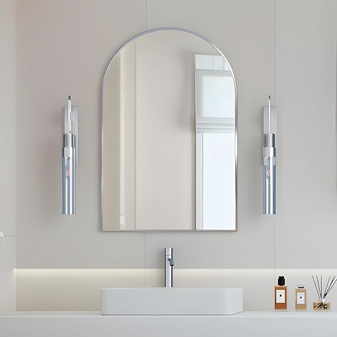 Wall Mounted Mirror, Arched Wall Mirror for Bathroom, 24"x36" Arch Bathroom Mirror with Metal Frame, Silver Vanity Mirror Decor for Mantle, Bedroom, Entryway, Living Room