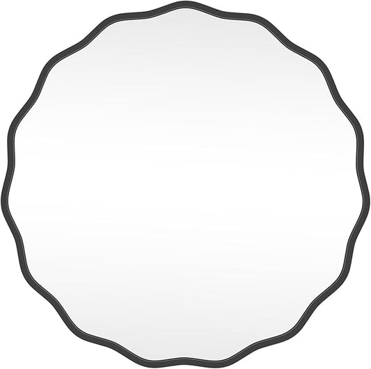 HOMECOOKIN 28" Wavy Round Wall Mirror, Black Scalloped Circle Mirror Edge Round with Metal Frame, Modern Decorative Hanging/Leaning Mirrors for Bathroom, Hotels, Hallway, Entryway, Vanity, Office