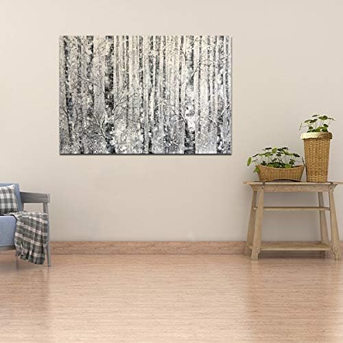 Yihui Arts Modern Birch Tree Canvas Wall Art With Textured Black and White Forest Painting on Canvas Pictures for Living Room Bedroom Bathroom Decoration