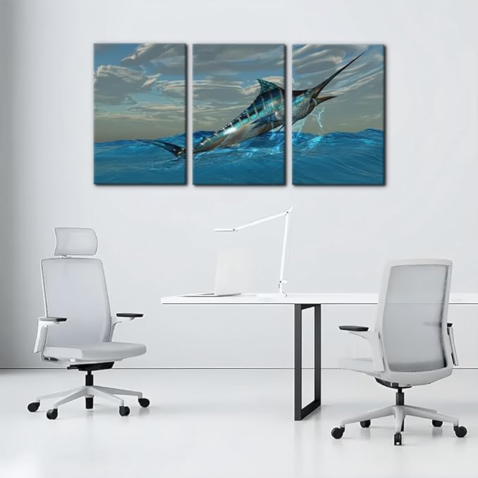 Pacimo Fish Canvas Art Wall Decor Blue Marlin Fish Bursts from Ocean Waters Pictures Prints on Canvas Tropical Animal Paintings 3 Panels Modern Artwork Home Decoration Framed Ready to Hang - 16"x24"x3