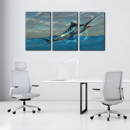 Pacimo Fish Canvas Art Wall Decor Blue Marlin Fish Bursts from Ocean Waters Pictures Prints on Canvas Tropical Animal Paintings 3 Panels Modern Artwork Home Decoration Framed Ready to Hang - 16"x24"x3
