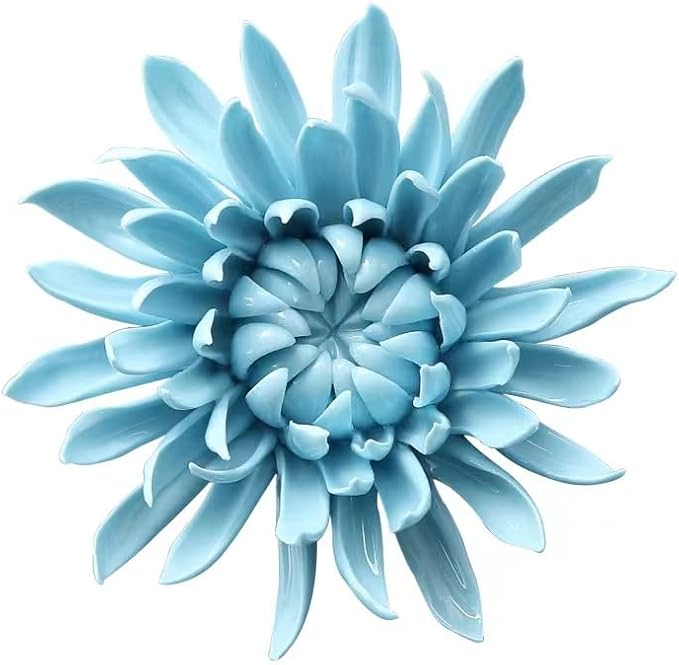 3.35" Ceramic Flower Wall Art, Artificial 3D Flower Wall Art，Handmade 3D Wall Art Hanging Sculpture， Porcelain Flower Wall Décor,Handmade Porcelain Flower Decoration for Home Office Decor (Blue，Chrysanthemum)