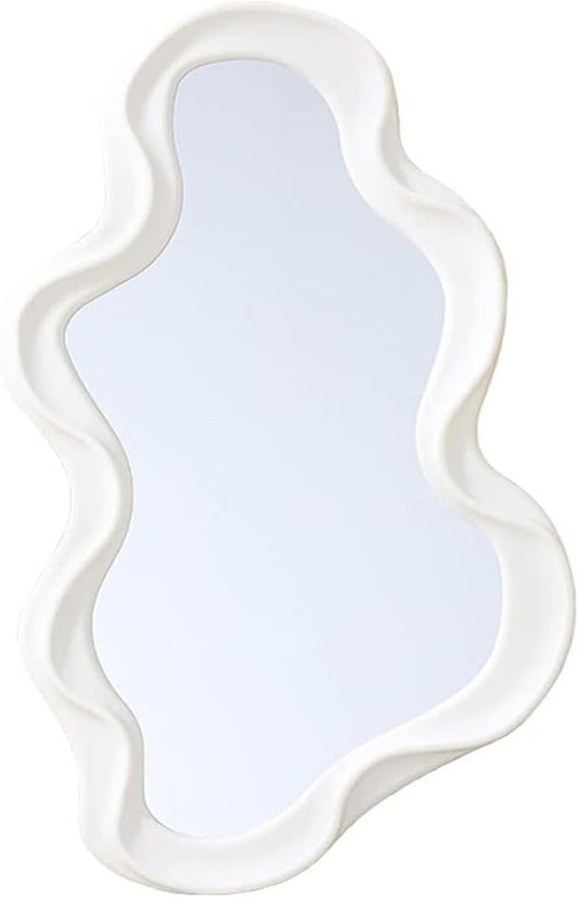 Mokoze Asymmetrical Wall Mirror, Irregular Decorative Accent for Bedroom Entryway Living Room, White Aesthetic Vanity Decor for Wall Mounted or Tabletop Display, 16.14" x 9.84"