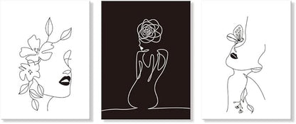 Chadow Artwork Minimalist Line Art Prints Set of 3 Abstract Women Faces Flower Wall Art Black and White Line Drawing Painting Modern Aesthetic Poster for Girls Bedroom Bathroom Living Room Decor