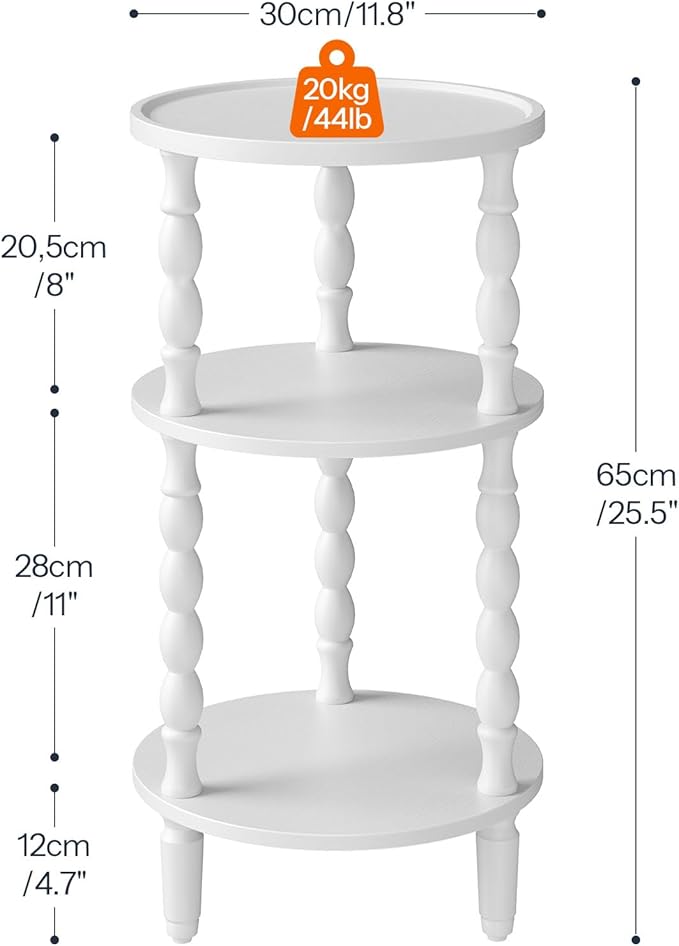 HOOBRO Round Side Table for Small Space, 3-Tier Small Round End Table with Rubberwood Leg, Accent Bedside Table, Circle Nightstand, Living Room, Bedroom, Sofa Couch, White WT218BZ01