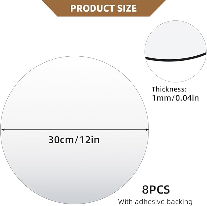8 Pack Acrylic Round Mirrors, 12 inch Circle Mirror Tiles Self Adhesive Mirror Stickers for Wall Home Living Room Bedroom Decor, Small Mirrors for Crafts (Thickness 1 mm) (12in/30cm)