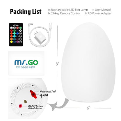 Mr.Go 8-Inch Rechargeable LED Egg Light - Dimmable Baby Night Light with Remote, 16 Colors & 8 Brightness, Waterproof & Drop Resistant, Portable Bedside Lamp for Kids Bedroom, Home Patio Party Decor