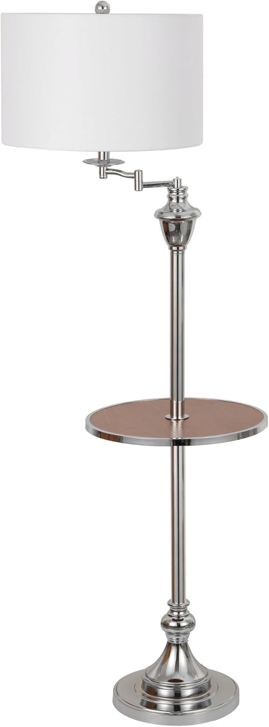 JONATHAN Y 60" Chrome Swing Arm Wood Integrated Side Tray Candlestick Tray Table Floor Lamp Traditional for Living Room Bedroom with White Linen Drum Shade LED Bulb Included JYL3055E