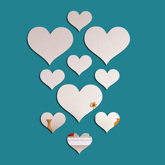 mollensiuer 1 Set Total 10 Pieces Heart Shape Acrylic Mirror Wall Stickers Plate Self Adhesive Mirror Stickers Mirrors for Wall Decor,Wedding Table Centerpiece, Art Wall Decoration (Silver)