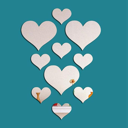 mollensiuer 1 Set Total 10 Pieces Heart Shape Acrylic Mirror Wall Stickers Plate Self Adhesive Mirror Stickers Mirrors for Wall Decor,Wedding Table Centerpiece, Art Wall Decoration (Silver)