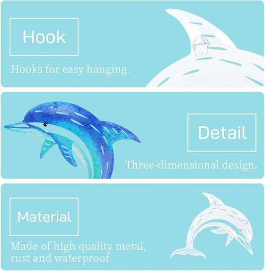 Dolphin Wall Decor Metal Fish Wall Decor Sea Coastal Outdoor Wall Art Metal Beach Ocean Decor For Bathroom Indoor Garden Yard Pool Outdoor Patio Kitchen (3 Pcs)