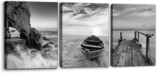 Pacimo 3 Panels Set Framed Canvas Wall Art Print for Seascape Beach and Boat Sunrise Scenery Black and White Giclee Canvas Print Modern Artwork for Wall Decor Ready to Hang - 12" x 16" x 3