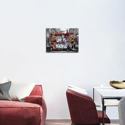 Banksy Street Art Mural Colorful Graffiti Bus Canvas Wall Art Life is Beautiful Pop Art Modern Framed Canvas Wall Art Decor for Room Living Room Bedroom Walls Easy to Hang 16x12 Inch