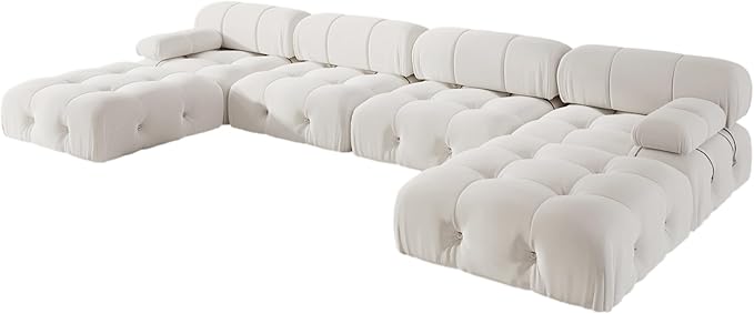 138'' Modular Sectional Couch, U-Shaped Velvet Sofa with Reversible Chaise Ottoman, Minimalist 6-Seat Bubble Sofa, Modern Cloud Sectional Couches for Living Room, Apartment (6 Seats, Beige)