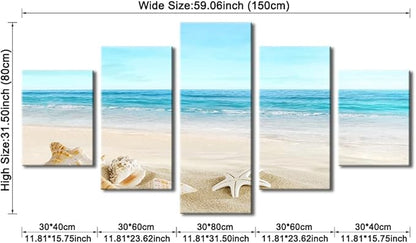 Pyradecor Seashell Large 5 panels Seascape Canvas Prints on Modern Stretched Canvas Wall Art Sea Beach Pictures Artwork for Living Room Bedroom Home Decorations L