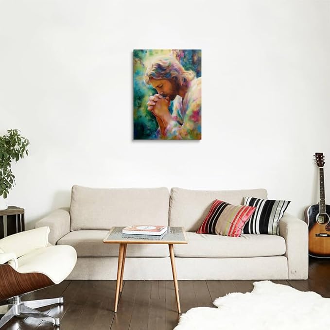 Praying Jesus Canvas Wall Art Colorful abstract Christianity Painting Picture Wall Decor religious Poster Print Artwork for Prayer Room Living Room 16x24 Inches