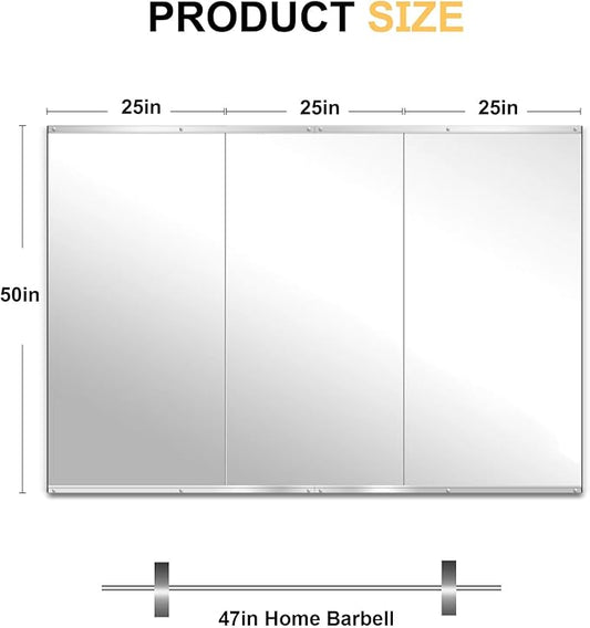 Home Gym Mirror for Wall, 50x25x3PCS, Full Length Workout Mirror, Large Frameless Tempered Glass Full Body Mirrors for Home Gym Yoga Fitness Garage Dance Studio, Black Color