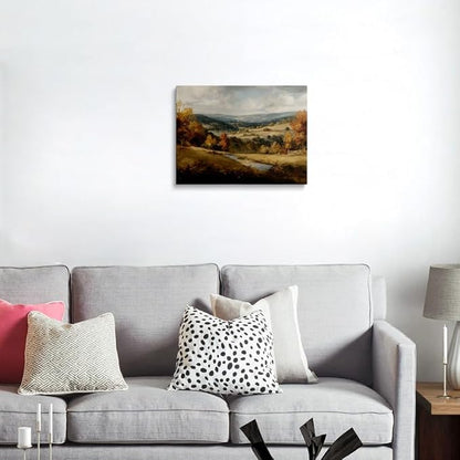 Calming Forest Mountain Landscape Canvas Wall Art Framed Oil Painting Autumn Stream Rolling Hills Moody Nature Wall Decor Artwork Print Poster Peaceful Scene for Living Room Bedroom 16x24 Inches