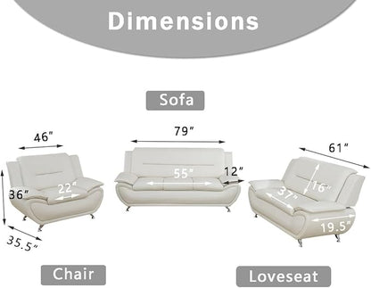 Living Room Furniture Sets, Creamy White Leather Sofa for Apartment, Living Room Sofa Couches Loveseat and Chair for Bedroom, Office