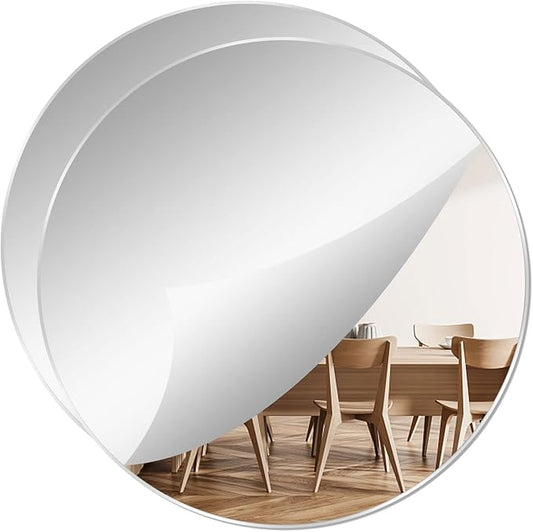 2Pcs 7.87" Round Wall Mirror Tile, Self Adhesive Non Glass Sticker Acrylic Disc, High Clear Circle Decorative for Bathroom, Bedroom, Door