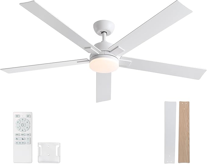 Rayqueen 60 Inch Ceiling Fans with Lights and Remote, 6 Speed Reversible DC Motor, 3CCT Dimmable LED, 5 Blades, White Modern Ceiling Fan for Bedroom, Living Room & Covered Outdoor, Includes Downrod