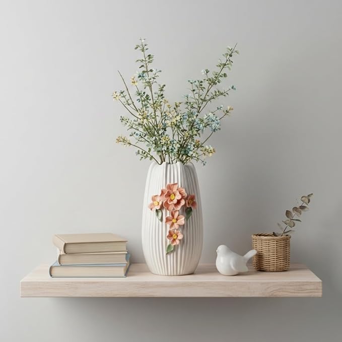 9 Inch White Flower Vase for Table, Modern Boho Ceramic Vases Home Decor, 3D Floral Textured Vase for Pampas Grass, Kitchen, Table, Bathroom, Fireplace Decor