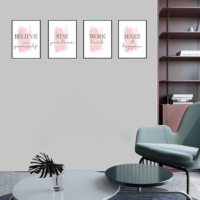 4 pcs Frame Wall Art Stay Positive Make It Happen Motivational Inspirational Quote Pink Canvas Painting Poster Pictures for Teenage Girl Bedroom Decor Office