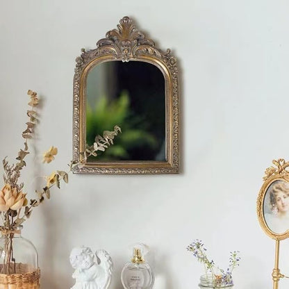 Bronze Vintage Vanity Desk Makeup Mirror Antique Decorative Wall Mirror,Resin Carved Arched Mirror for Living Room,Bedroom Dresser,Home Decor ﻿ (Large)