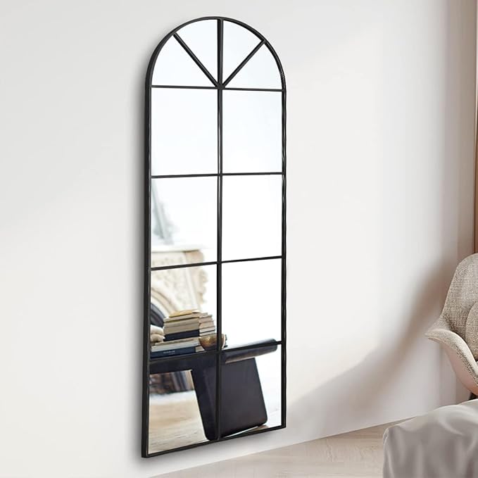 OGCAU Full Length Arched Floor Mirror, 65"x22" Window Pane Design, Decorative Hanging or Leaning, Full Body with Iron Frame for Bedroom Living Room (Black)