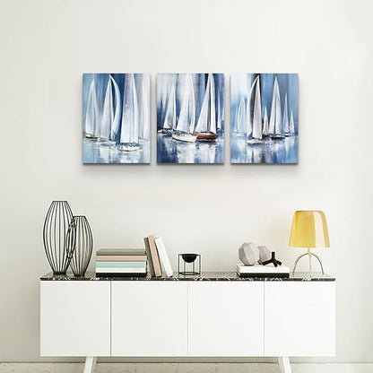 3 Piece Framed canvas wall art for living room bathroom bedroom Wall Art Decor Ocean landscape sailboat abstract Canvas painting Ready to Hang Office Home Decoration sea poster Pictures Wall Artworks