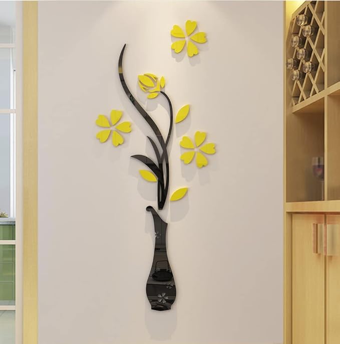 3D Vase Wall Murals for Living Room Bedroom Sofa Backdrop TV Background, Originality Stickers Gift, DIY Wall Decal Decor (Yellow, 47 X 18 Inches)