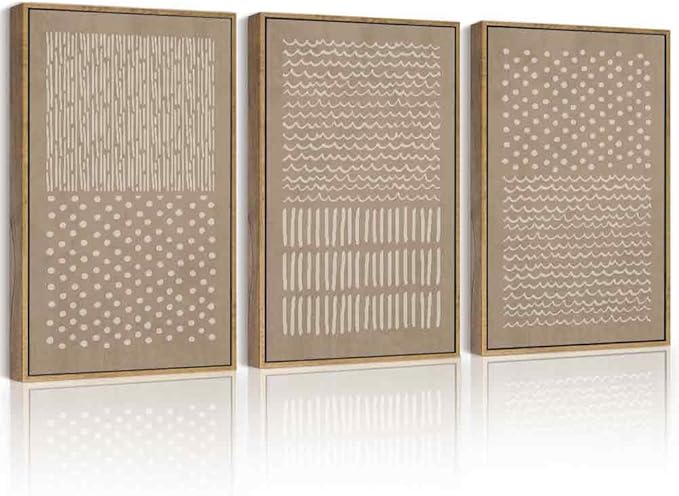 PHOPAGO Boho Mid-Century Modern Framed Wall Art Large 16x24in Minimalist Geometric Neutral Wall Decor Bohemain Artwork Home Office Dining Room Decor - Natural Framed