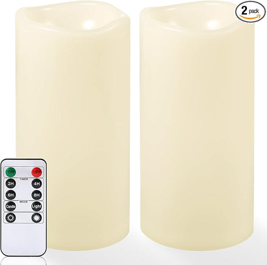 NURADA 8" x 4" Large Outdoor Flameless Candles - Waterproof LED Pillar Flickering Candle Battery Operated with Timer Remote Control for Patio Porch Lanterns Decor - Long Lasting Set of 2