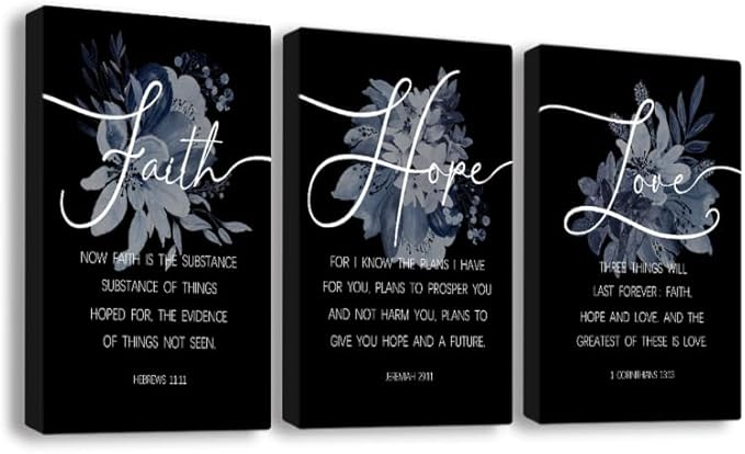 Faith, Hope & Love Bible Verse Inspirational Wall Art， Christian Canvas Wall Art, A Great Christian Religious Decor Gift for Living Room Christian Bedroom，(38 x 58cm x 3pcs) Framed （black）