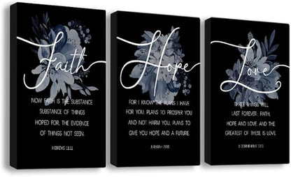 Faith, Hope & Love Bible Verse Inspirational Wall Art， Christian Canvas Wall Art, A Great Christian Religious Decor Gift for Living Room Christian Bedroom，(38 x 58cm x 3pcs) Framed （black）