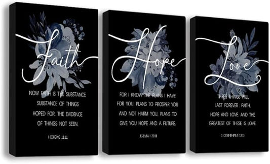 Faith, Hope & Love Bible Verse Inspirational Wall Art， Christian Canvas Wall Art, A Great Christian Religious Decor Gift for Living Room Christian Bedroom，(38 x 58cm x 3pcs) Framed （black）