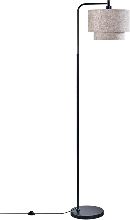 64" Modern Floor Lamp for Living Room Bedroom, Floor Lamp with 3 Color Temperatures, Standing Lamp with Double Oatmeal Linen Lampshade, Tall Lamp with A19 12W LED Bulb, Foot Switch Control, Black