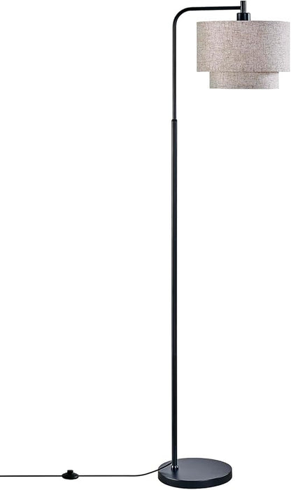 64" Modern Floor Lamp for Living Room Bedroom, Floor Lamp with 3 Color Temperatures, Standing Lamp with Double Oatmeal Linen Lampshade, Tall Lamp with A19 12W LED Bulb, Foot Switch Control, Black